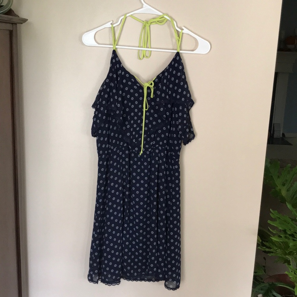 Navy blue dress with pattern and lace trim